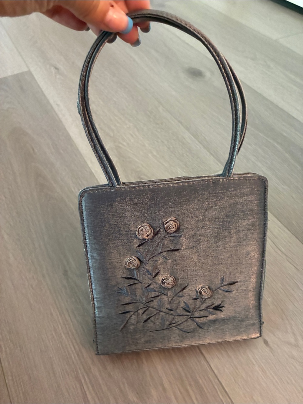 Metallic Silver Floral Appliqué Mini Top-Handle Bag